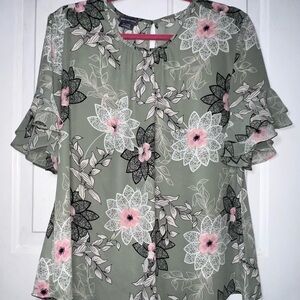 Van Heusen Green Floral Blouse with Ruffle Sleeves